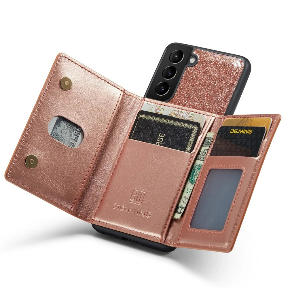 DG.MING M3 Series For Samsung Galaxy S21+ 5G 2-in-1 Glittery PU Leather Coated PC+TPU Back Case Magnetic Detachable Zipper Wallet Scratch-proof Phone Cover with Kickstand - Rose Gold - 2