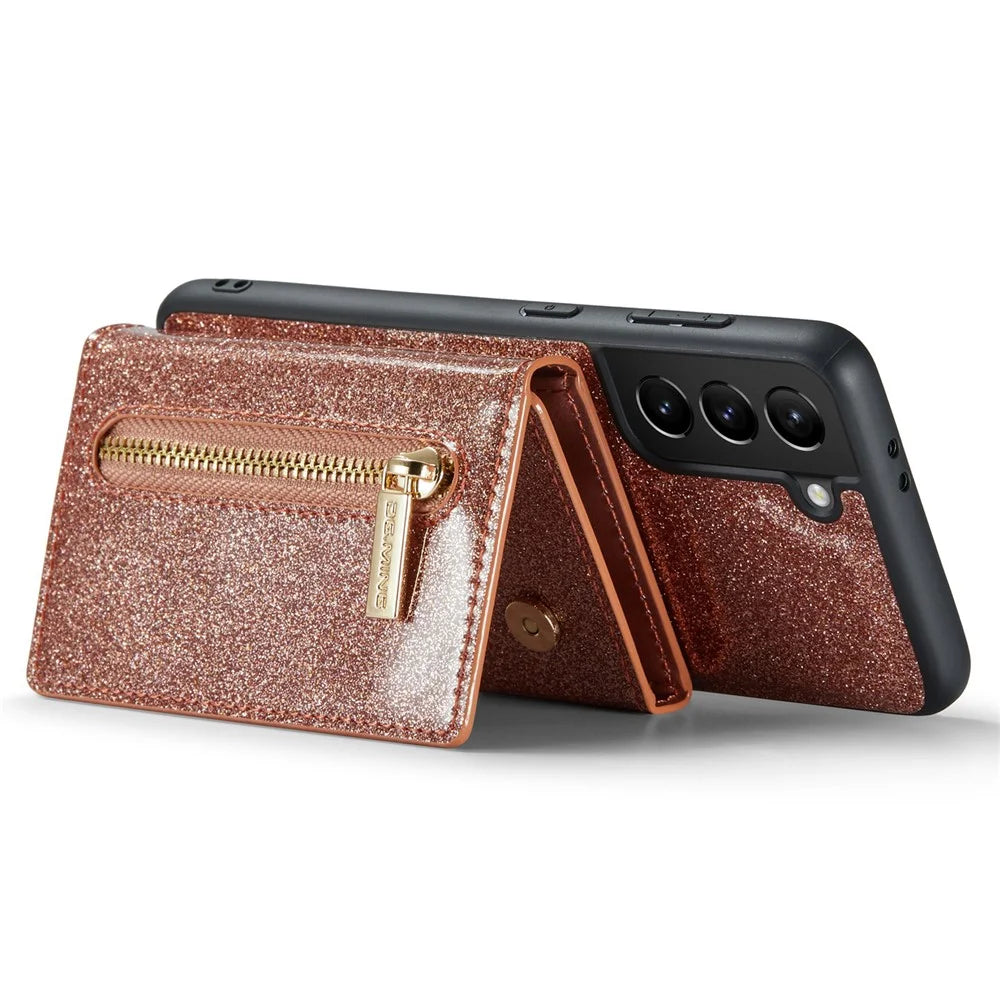 DG.MING M3 Series For Samsung Galaxy S21+ 5G 2-in-1 Glittery PU Leather Coated PC+TPU Back Case Magnetic Detachable Zipper Wallet Scratch-proof Phone Cover with Kickstand - Rose Gold - 3