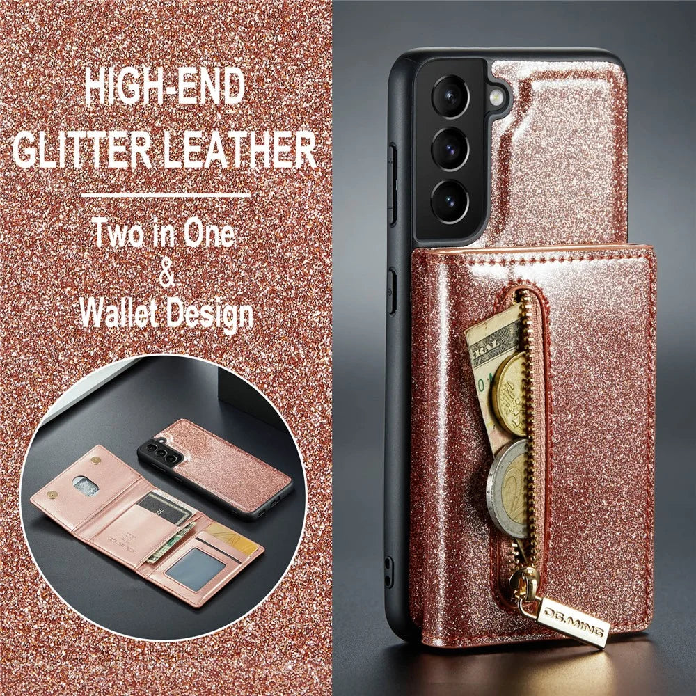DG.MING M3 Series For Samsung Galaxy S21+ 5G 2-in-1 Glittery PU Leather Coated PC+TPU Back Case Magnetic Detachable Zipper Wallet Scratch-proof Phone Cover with Kickstand - Rose Gold - 5