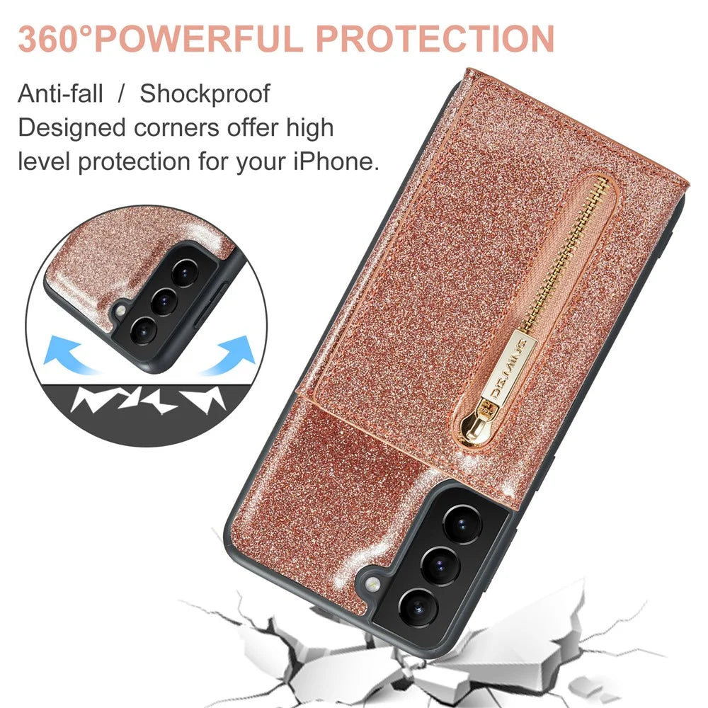 DG.MING M3 Series For Samsung Galaxy S21+ 5G 2-in-1 Glittery PU Leather Coated PC+TPU Back Case Magnetic Detachable Zipper Wallet Scratch-proof Phone Cover with Kickstand - Rose Gold - 7