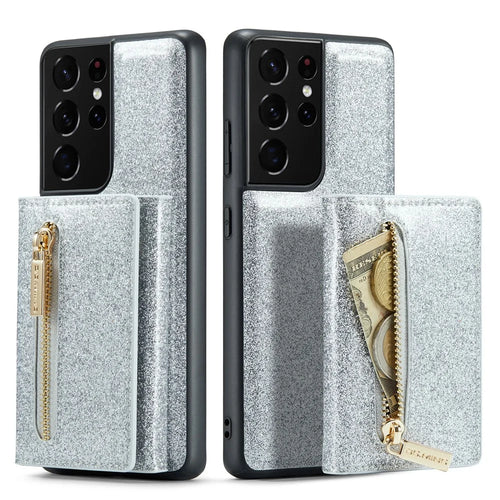 DG.MING M3 Series For Samsung Galaxy S21 Ultra 5G Glitter Sparkly Magnetic Detachable Zipper Pocket Cover Kickstand PU Leather Coated PC+TPU Protective Phone Case - Silver - 1