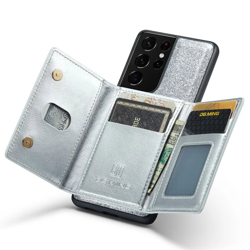 DG.MING M3 Series For Samsung Galaxy S21 Ultra 5G Glitter Sparkly Magnetic Detachable Zipper Pocket Cover Kickstand PU Leather Coated PC+TPU Protective Phone Case - Silver - 2