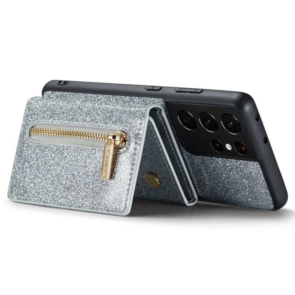 DG.MING M3 Series For Samsung Galaxy S21 Ultra 5G Glitter Sparkly Magnetic Detachable Zipper Pocket Cover Kickstand PU Leather Coated PC+TPU Protective Phone Case - Silver - 3