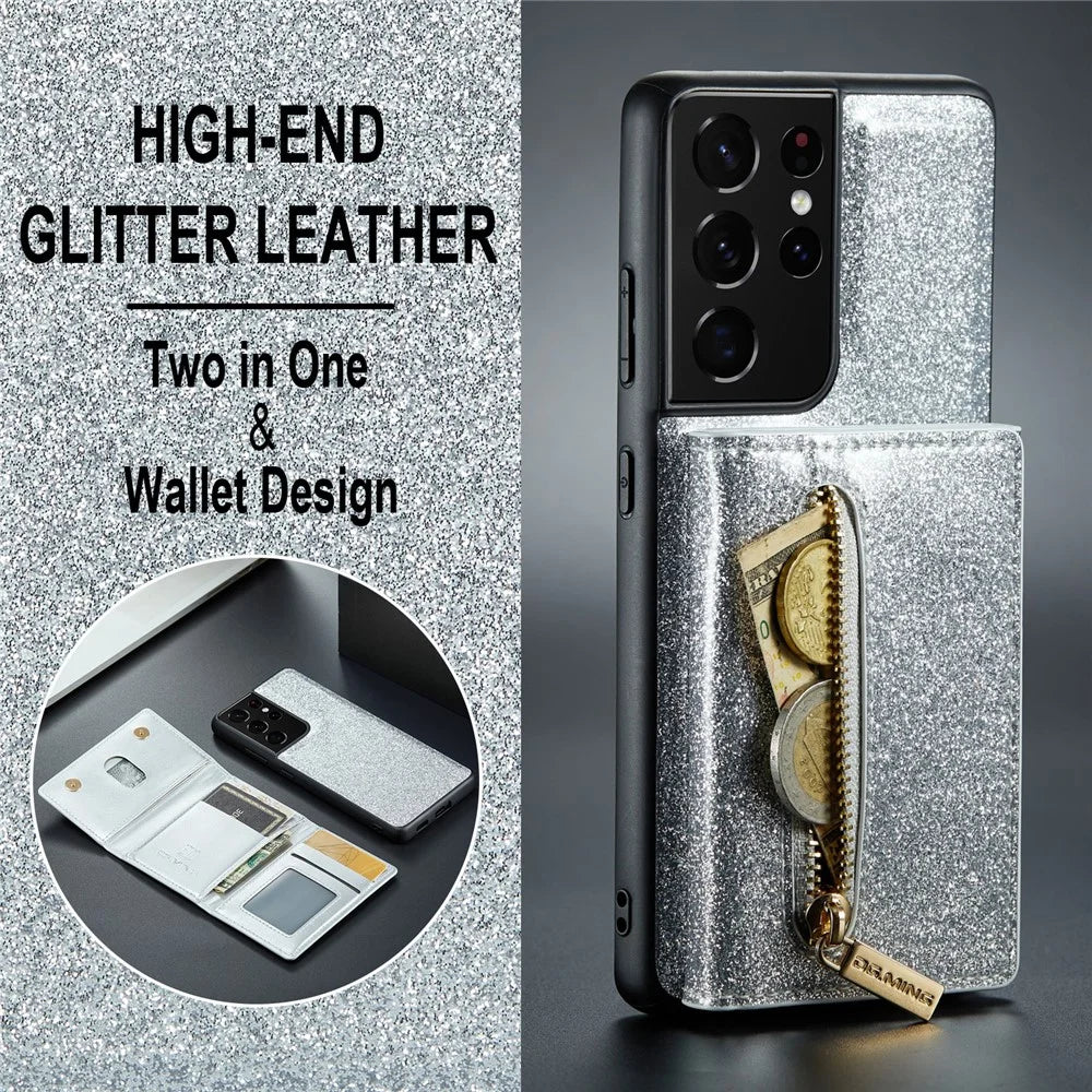 DG.MING M3 Series For Samsung Galaxy S21 Ultra 5G Glitter Sparkly Magnetic Detachable Zipper Pocket Cover Kickstand PU Leather Coated PC+TPU Protective Phone Case - Silver - 5