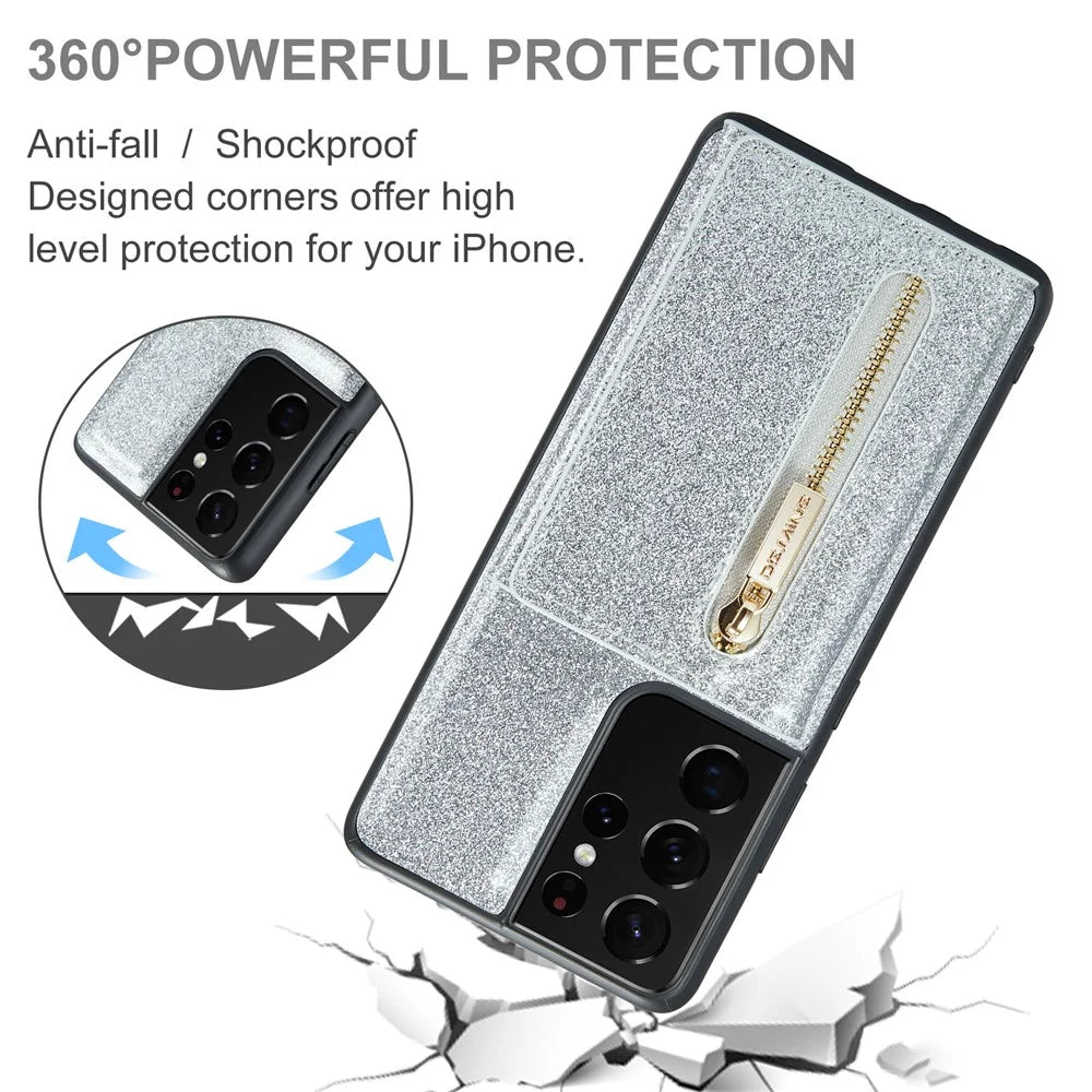 DG.MING M3 Series For Samsung Galaxy S21 Ultra 5G Glitter Sparkly Magnetic Detachable Zipper Pocket Cover Kickstand PU Leather Coated PC+TPU Protective Phone Case - Silver - 7