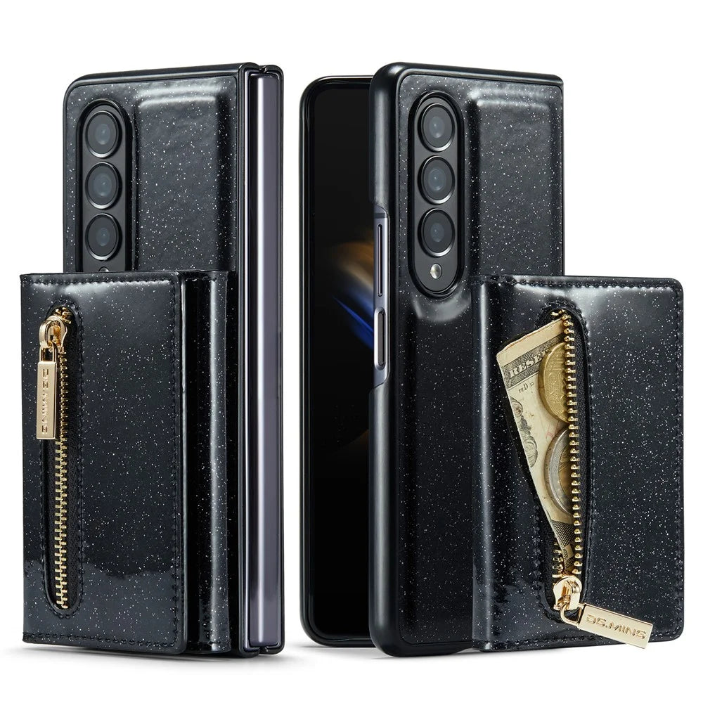 DG.MING M3 Series For Samsung Galaxy Z Fold3 5G 2-in-1 Glittery PU Leather Coated PC+TPU Anti-collision Back Case Magnetic Detachable Zipper Wallet Phone Cover with Kickstand - Black - 1