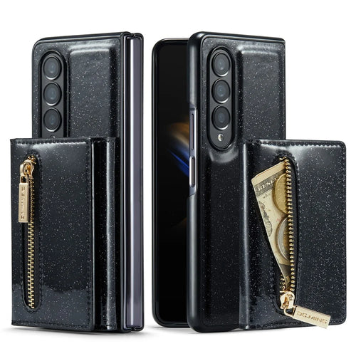 DG.MING M3 Series For Samsung Galaxy Z Fold3 5G 2-in-1 Glittery PU Leather Coated PC+TPU Anti-collision Back Case Magnetic Detachable Zipper Wallet Phone Cover with Kickstand - Black - 1