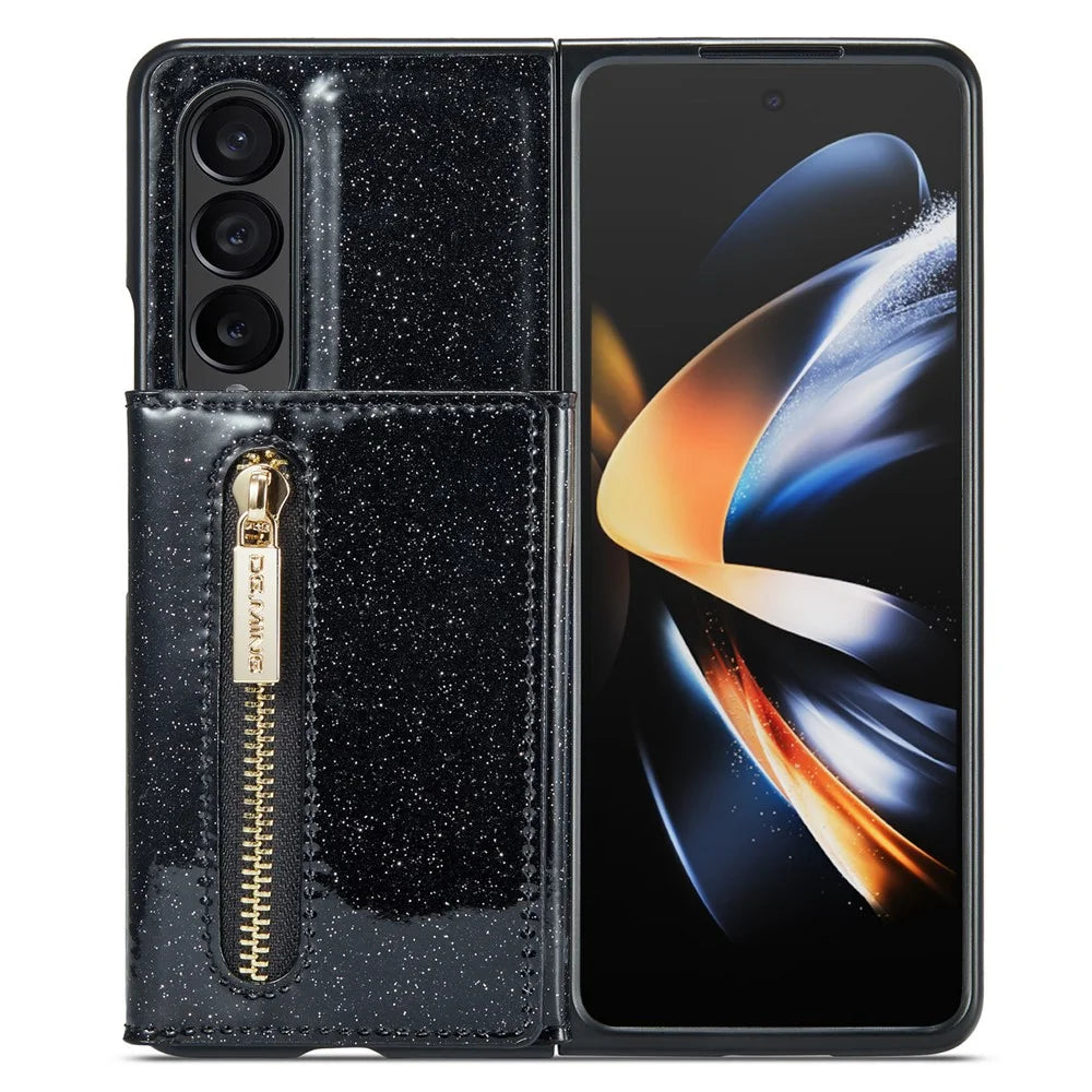 DG.MING M3 Series For Samsung Galaxy Z Fold3 5G 2-in-1 Glittery PU Leather Coated PC+TPU Anti-collision Back Case Magnetic Detachable Zipper Wallet Phone Cover with Kickstand - Black - 2