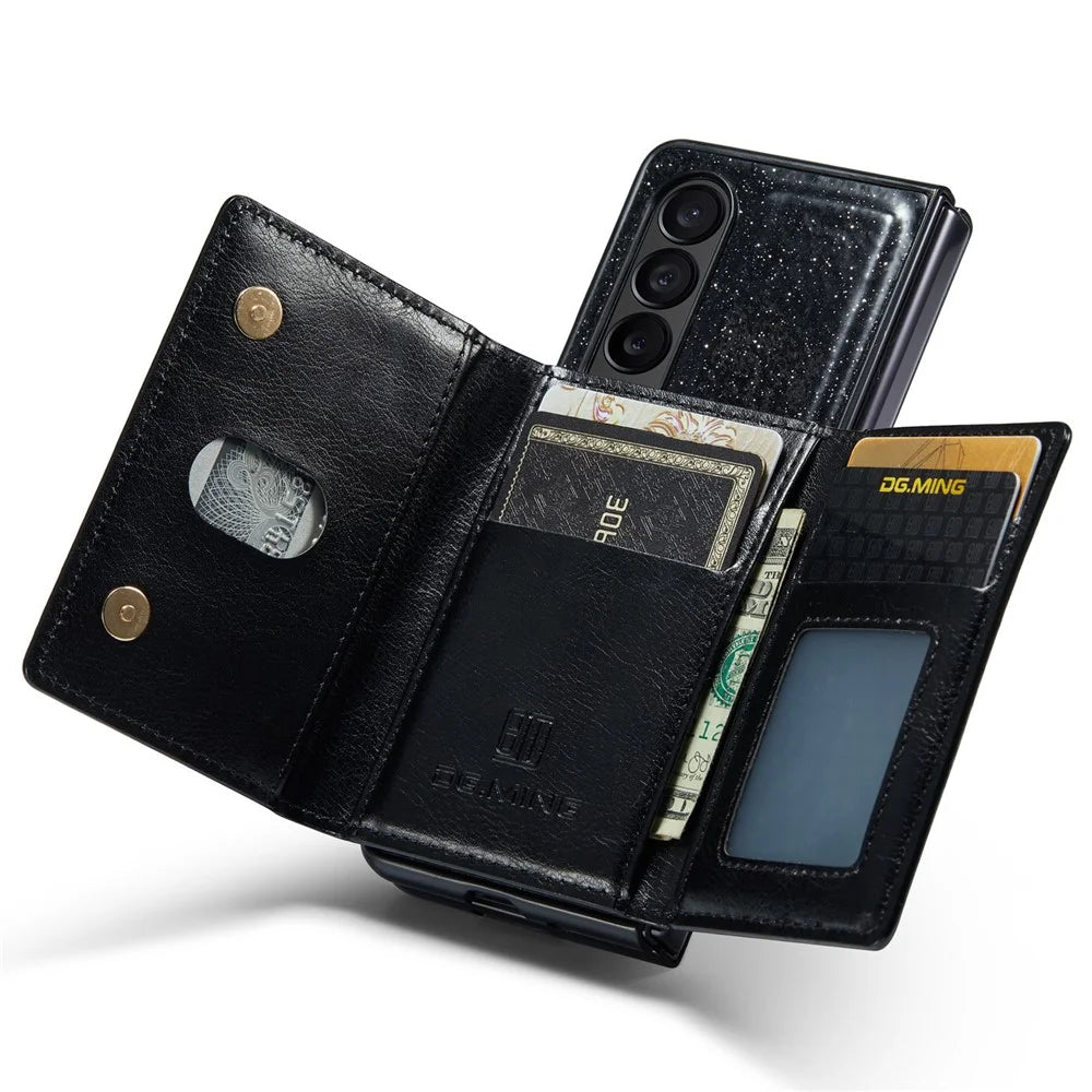 DG.MING M3 Series For Samsung Galaxy Z Fold3 5G 2-in-1 Glittery PU Leather Coated PC+TPU Anti-collision Back Case Magnetic Detachable Zipper Wallet Phone Cover with Kickstand - Black - 3