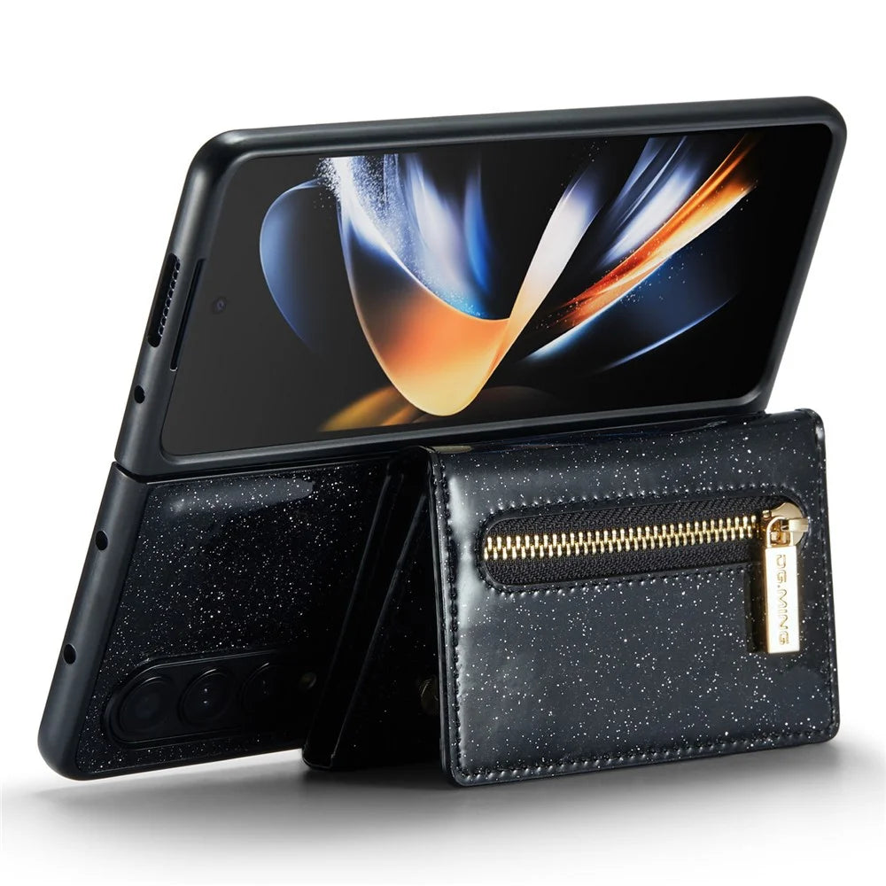 DG.MING M3 Series For Samsung Galaxy Z Fold3 5G 2-in-1 Glittery PU Leather Coated PC+TPU Anti-collision Back Case Magnetic Detachable Zipper Wallet Phone Cover with Kickstand - Black - 4