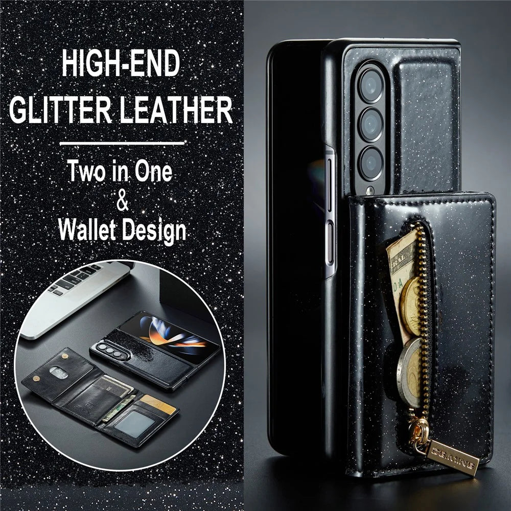DG.MING M3 Series For Samsung Galaxy Z Fold3 5G 2-in-1 Glittery PU Leather Coated PC+TPU Anti-collision Back Case Magnetic Detachable Zipper Wallet Phone Cover with Kickstand - Black - 6