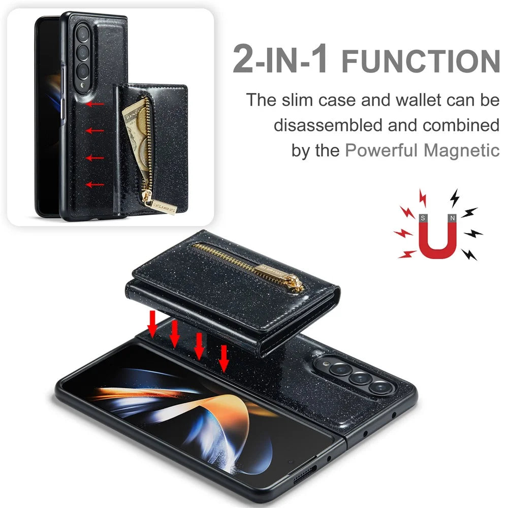 DG.MING M3 Series For Samsung Galaxy Z Fold3 5G 2-in-1 Glittery PU Leather Coated PC+TPU Anti-collision Back Case Magnetic Detachable Zipper Wallet Phone Cover with Kickstand - Black - 7