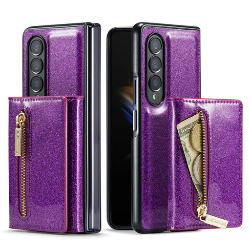 DG.MING M3 Series For Samsung Galaxy Z Fold4 5G 2-in-1 Glittery PU Leather Coated PC+TPU Back Case Magnetic Detachable Zipper Wallet Bump Proof Phone Cover with Kickstand - Dark Purple - 1