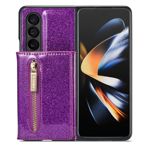 DG.MING M3 Series For Samsung Galaxy Z Fold4 5G 2-in-1 Glittery PU Leather Coated PC+TPU Back Case Magnetic Detachable Zipper Wallet Bump Proof Phone Cover with Kickstand - Dark Purple - 2