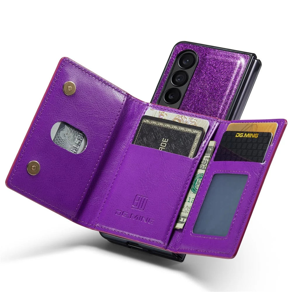 DG.MING M3 Series For Samsung Galaxy Z Fold4 5G 2-in-1 Glittery PU Leather Coated PC+TPU Back Case Magnetic Detachable Zipper Wallet Bump Proof Phone Cover with Kickstand - Dark Purple - 3