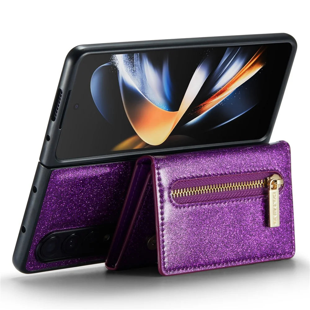DG.MING M3 Series For Samsung Galaxy Z Fold4 5G 2-in-1 Glittery PU Leather Coated PC+TPU Back Case Magnetic Detachable Zipper Wallet Bump Proof Phone Cover with Kickstand - Dark Purple - 4