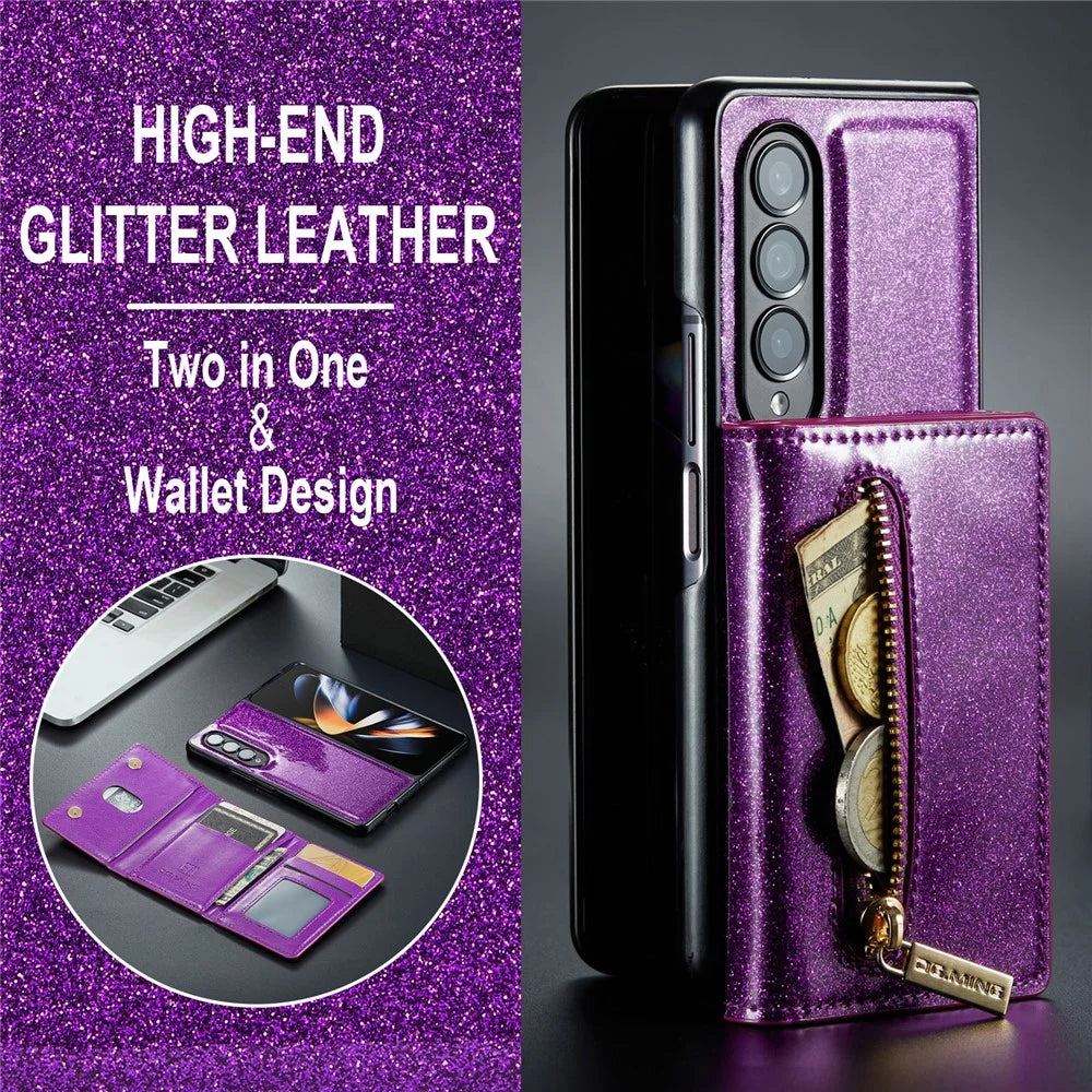 DG.MING M3 Series For Samsung Galaxy Z Fold4 5G 2-in-1 Glittery PU Leather Coated PC+TPU Back Case Magnetic Detachable Zipper Wallet Bump Proof Phone Cover with Kickstand - Dark Purple - 6