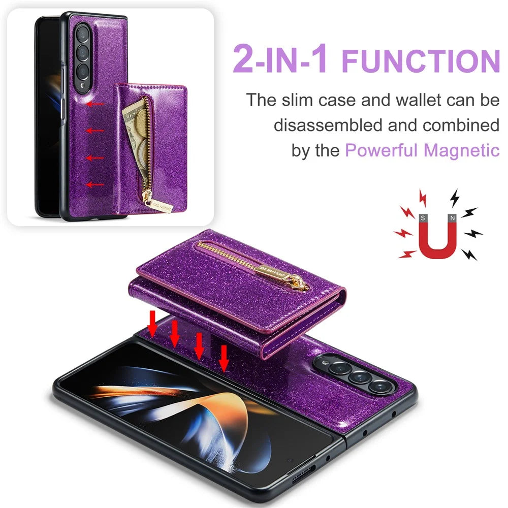 DG.MING M3 Series For Samsung Galaxy Z Fold4 5G 2-in-1 Glittery PU Leather Coated PC+TPU Back Case Magnetic Detachable Zipper Wallet Bump Proof Phone Cover with Kickstand - Dark Purple - 7