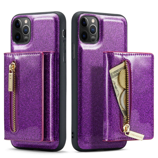 DG.MING M3 Series For iPhone 11 Pro 5.8 inch 2-in-1 Glittery PU Leather Coated PC+TPU Back Case Magnetic Detachable Zipper Wallet Fall Proof Phone Cover with Kickstand - Dark Purple - 1
