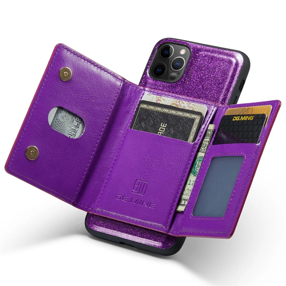 DG.MING M3 Series For iPhone 11 Pro 5.8 inch 2-in-1 Glittery PU Leather Coated PC+TPU Back Case Magnetic Detachable Zipper Wallet Fall Proof Phone Cover with Kickstand - Dark Purple - 2