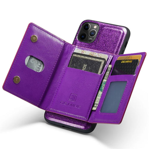 DG.MING M3 Series For iPhone 11 Pro 5.8 inch 2-in-1 Glittery PU Leather Coated PC+TPU Back Case Magnetic Detachable Zipper Wallet Fall Proof Phone Cover with Kickstand - Dark Purple - 2