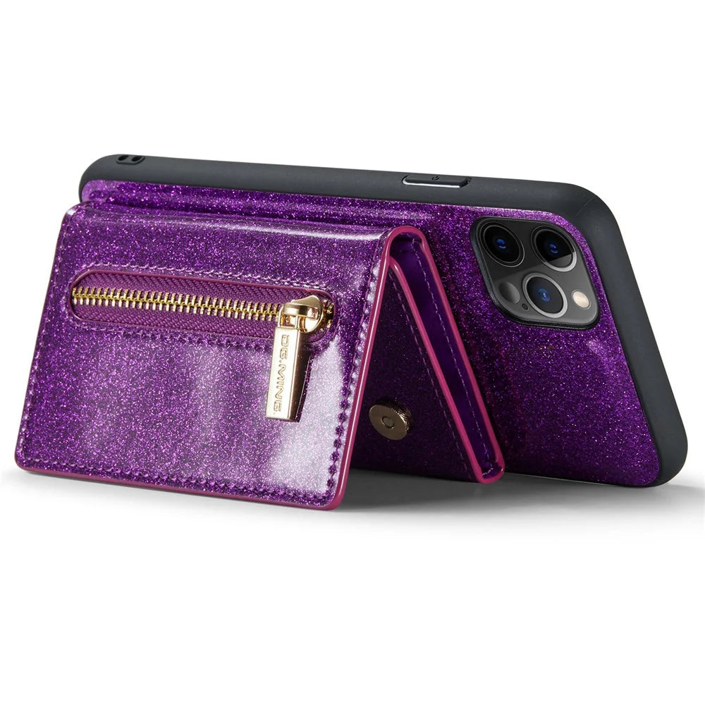 DG.MING M3 Series For iPhone 11 Pro 5.8 inch 2-in-1 Glittery PU Leather Coated PC+TPU Back Case Magnetic Detachable Zipper Wallet Fall Proof Phone Cover with Kickstand - Dark Purple - 3