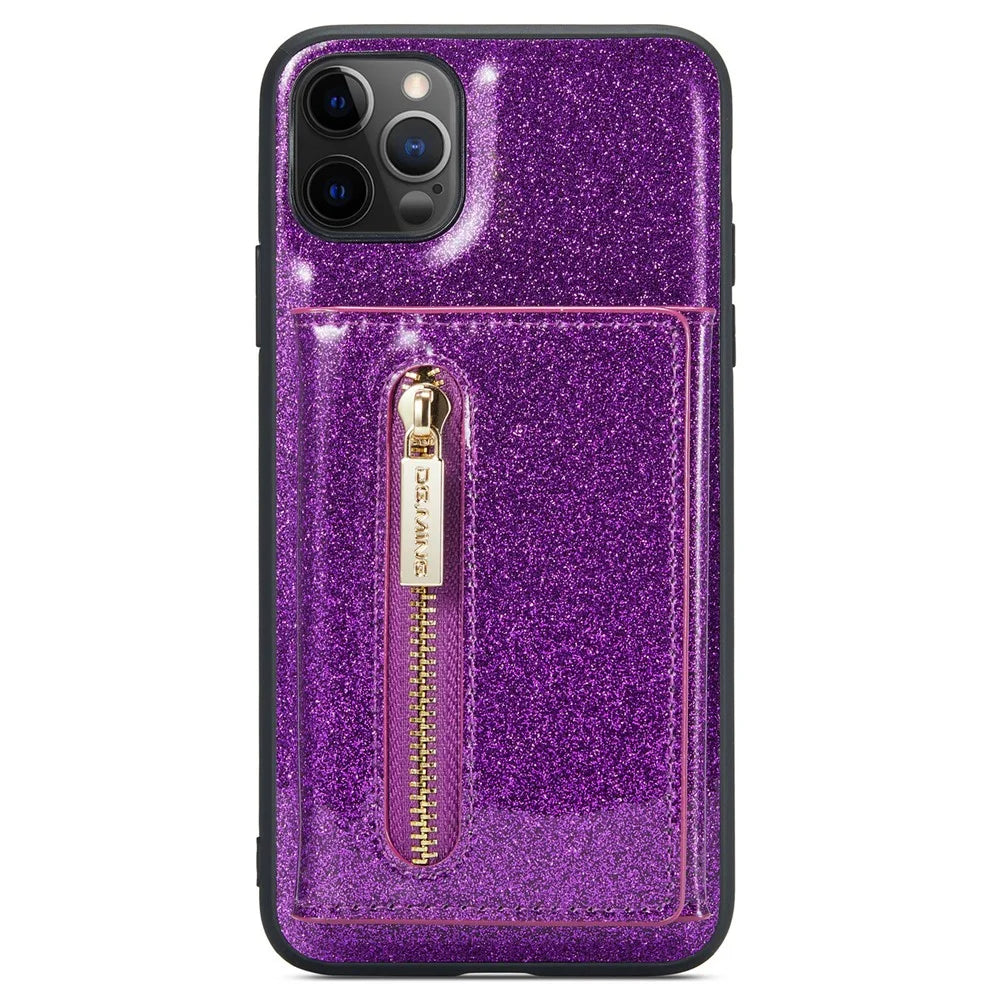 DG.MING M3 Series For iPhone 11 Pro 5.8 inch 2-in-1 Glittery PU Leather Coated PC+TPU Back Case Magnetic Detachable Zipper Wallet Fall Proof Phone Cover with Kickstand - Dark Purple - 5