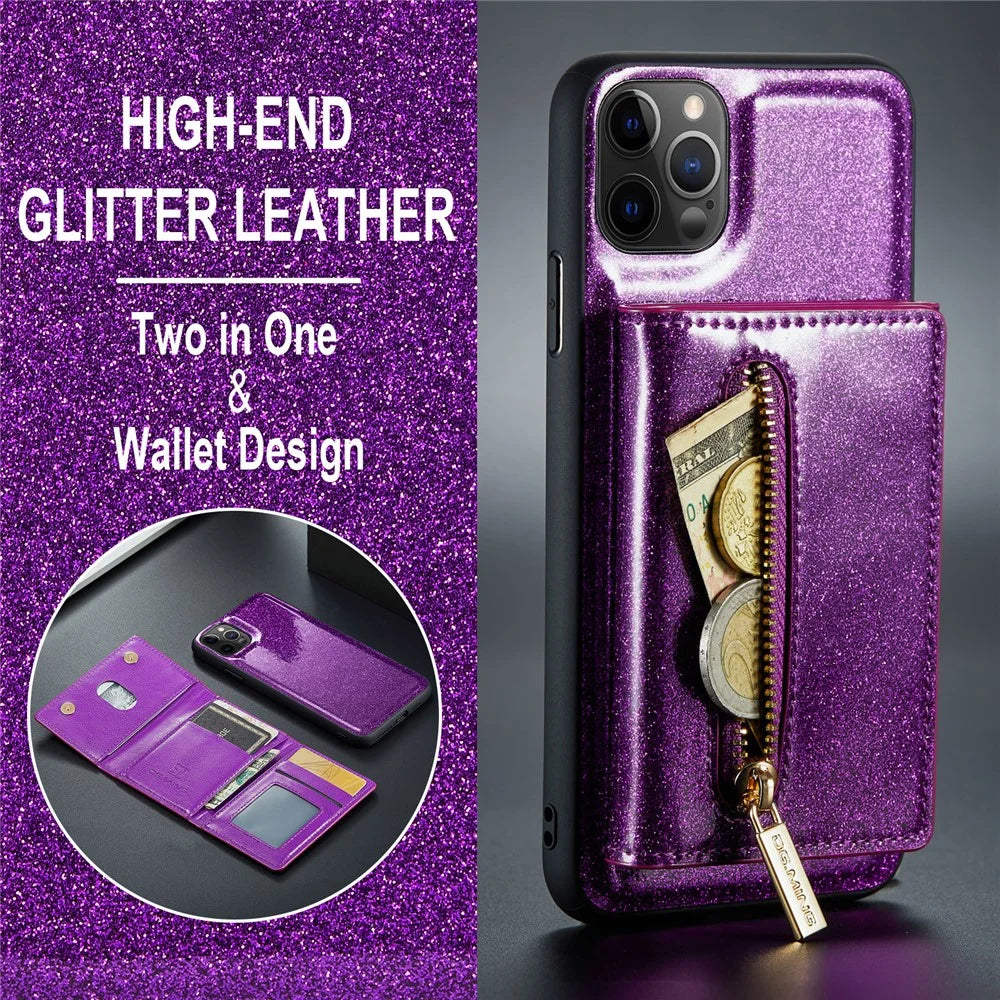 DG.MING M3 Series For iPhone 11 Pro 5.8 inch 2-in-1 Glittery PU Leather Coated PC+TPU Back Case Magnetic Detachable Zipper Wallet Fall Proof Phone Cover with Kickstand - Dark Purple - 6