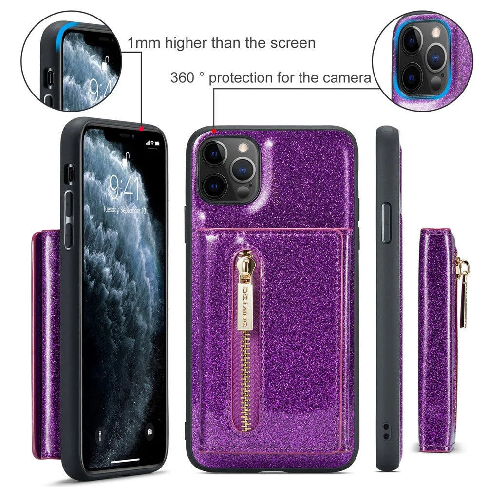 DG.MING M3 Series For iPhone 11 Pro 5.8 inch 2-in-1 Glittery PU Leather Coated PC+TPU Back Case Magnetic Detachable Zipper Wallet Fall Proof Phone Cover with Kickstand - Dark Purple - 7