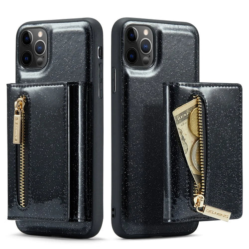 DG.MING M3 Series For iPhone 11 Pro Max 6.5 inch Shockproof 2-in-1 Glitter Sparkly Magnetic Detachable Zipper Pocket Cover Kickstand PU Leather Coated PC+TPU Protective Phone Case - Black - 1