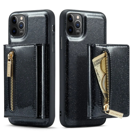 DG.MING M3 Series For iPhone 11 Pro Max 6.5 inch Shockproof 2-in-1 Glitter Sparkly Magnetic Detachable Zipper Pocket Cover Kickstand PU Leather Coated PC+TPU Protective Phone Case - Black - 1