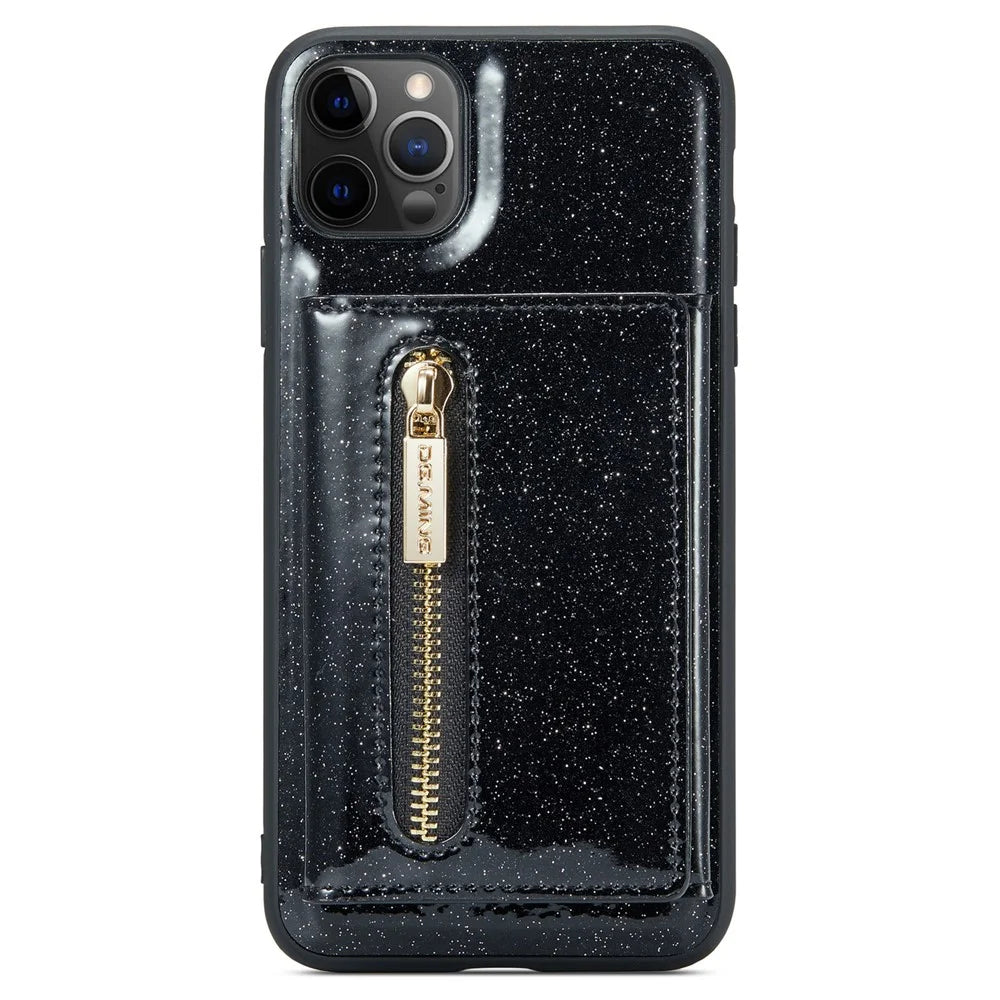 DG.MING M3 Series For iPhone 11 Pro Max 6.5 inch Shockproof 2-in-1 Glitter Sparkly Magnetic Detachable Zipper Pocket Cover Kickstand PU Leather Coated PC+TPU Protective Phone Case - Black - 2