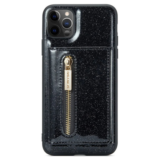 DG.MING M3 Series For iPhone 11 Pro Max 6.5 inch Shockproof 2-in-1 Glitter Sparkly Magnetic Detachable Zipper Pocket Cover Kickstand PU Leather Coated PC+TPU Protective Phone Case - Black - 2