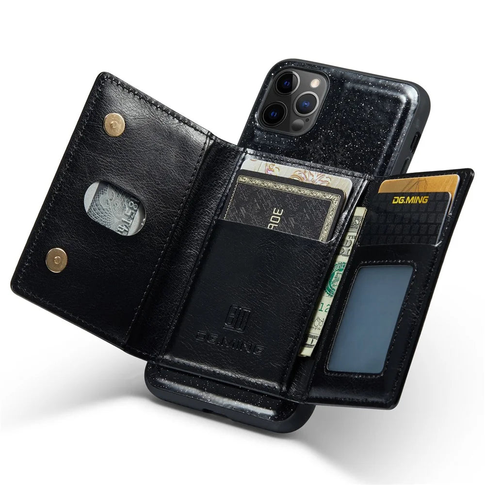 DG.MING M3 Series For iPhone 11 Pro Max 6.5 inch Shockproof 2-in-1 Glitter Sparkly Magnetic Detachable Zipper Pocket Cover Kickstand PU Leather Coated PC+TPU Protective Phone Case - Black - 3