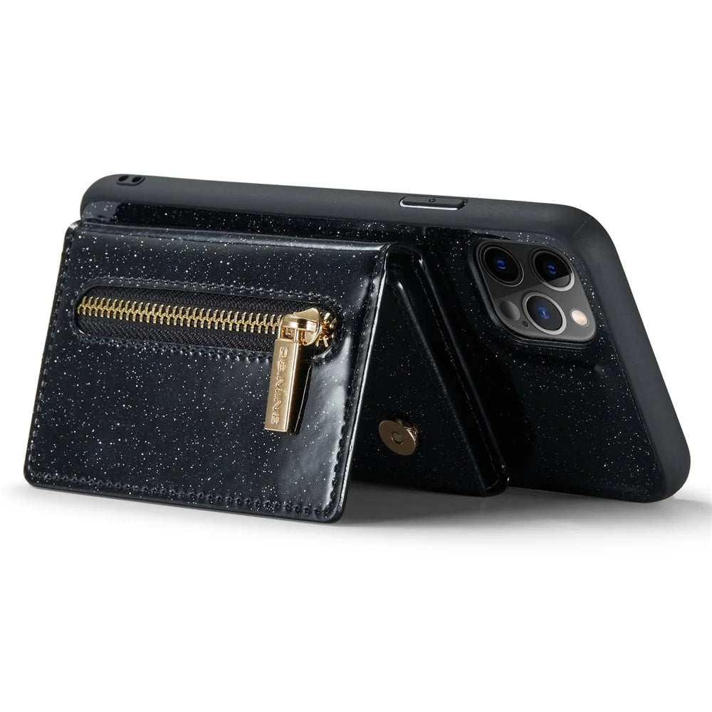 DG.MING M3 Series For iPhone 11 Pro Max 6.5 inch Shockproof 2-in-1 Glitter Sparkly Magnetic Detachable Zipper Pocket Cover Kickstand PU Leather Coated PC+TPU Protective Phone Case - Black - 4