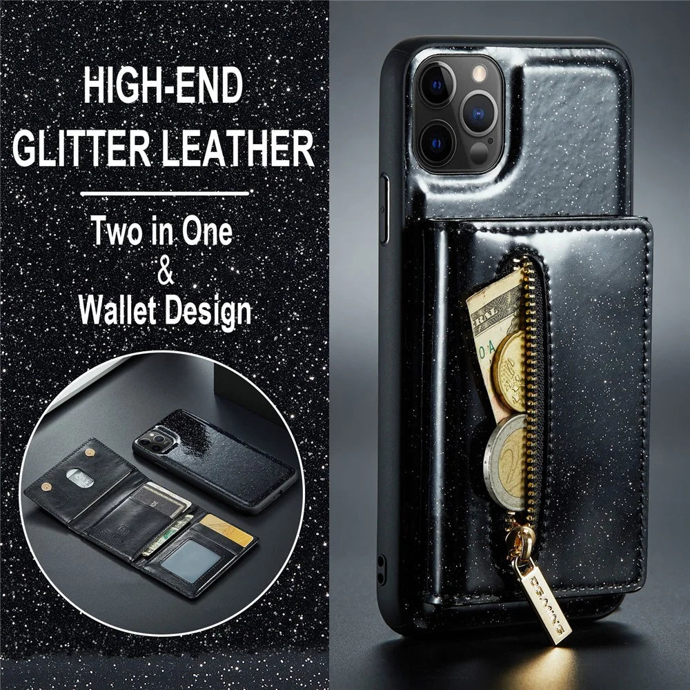 DG.MING M3 Series For iPhone 11 Pro Max 6.5 inch Shockproof 2-in-1 Glitter Sparkly Magnetic Detachable Zipper Pocket Cover Kickstand PU Leather Coated PC+TPU Protective Phone Case - Black - 5