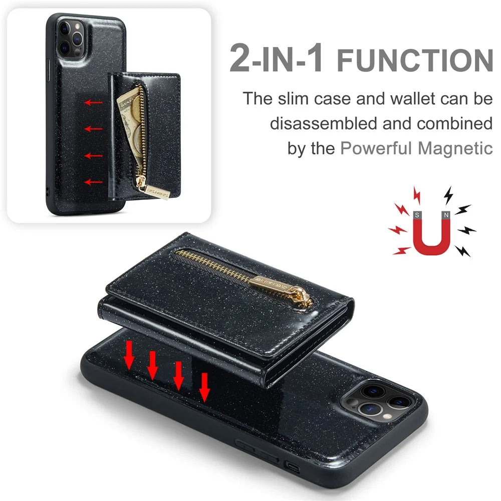 DG.MING M3 Series For iPhone 11 Pro Max 6.5 inch Shockproof 2-in-1 Glitter Sparkly Magnetic Detachable Zipper Pocket Cover Kickstand PU Leather Coated PC+TPU Protective Phone Case - Black - 6