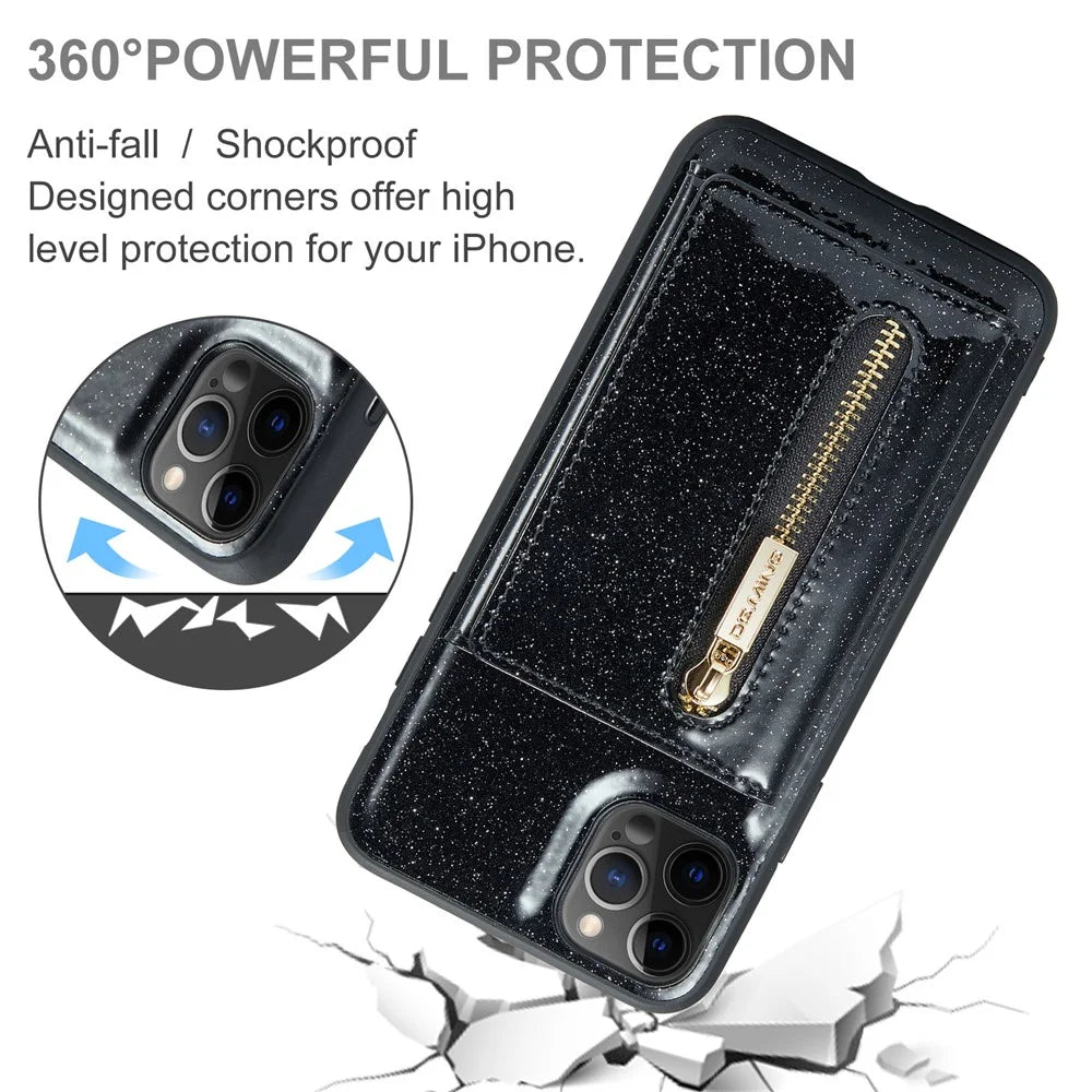 DG.MING M3 Series For iPhone 11 Pro Max 6.5 inch Shockproof 2-in-1 Glitter Sparkly Magnetic Detachable Zipper Pocket Cover Kickstand PU Leather Coated PC+TPU Protective Phone Case - Black - 7