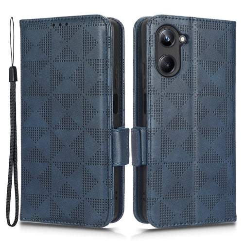 For Realme 10 4G Drop Protection Wallet PU Leather Stand Case Imprinted Triangle Pattern Cover with Hand Strap - Blue - 1