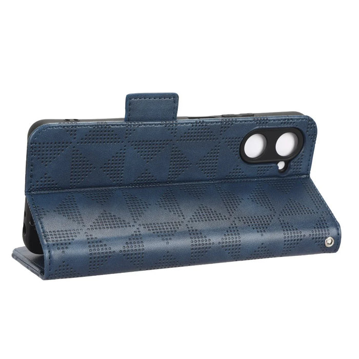 For Realme 10 4G Drop Protection Wallet PU Leather Stand Case Imprinted Triangle Pattern Cover with Hand Strap - Blue - 3