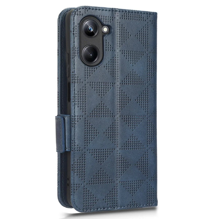 For Realme 10 4G Drop Protection Wallet PU Leather Stand Case Imprinted Triangle Pattern Cover with Hand Strap - Blue - 6