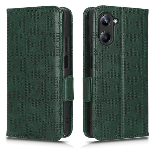 For Realme 10 Pro 5G PU Leather Stand Case Full Protection Phone Wallet Imprinted Triangle Pattern Cover with Hand Strap - Green - 1