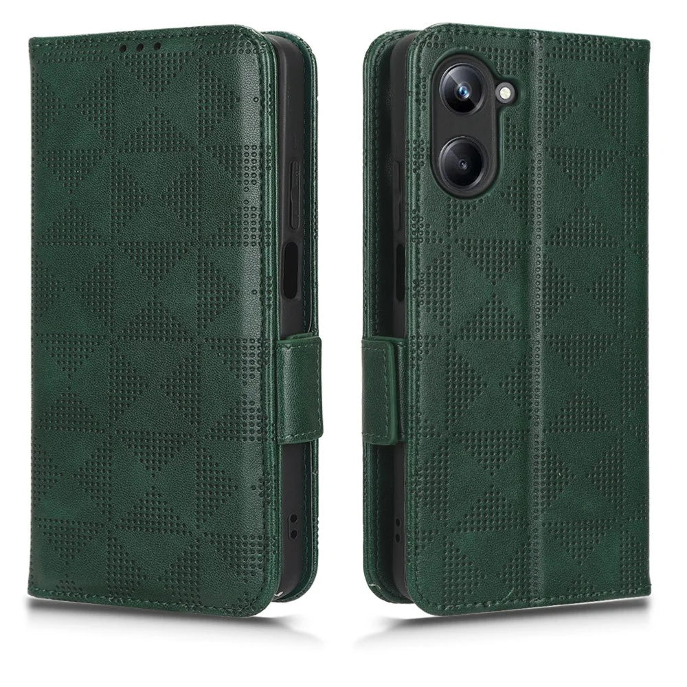 For Realme 10 Pro 5G PU Leather Stand Case Full Protection Phone Wallet Imprinted Triangle Pattern Cover with Hand Strap - Green - 1