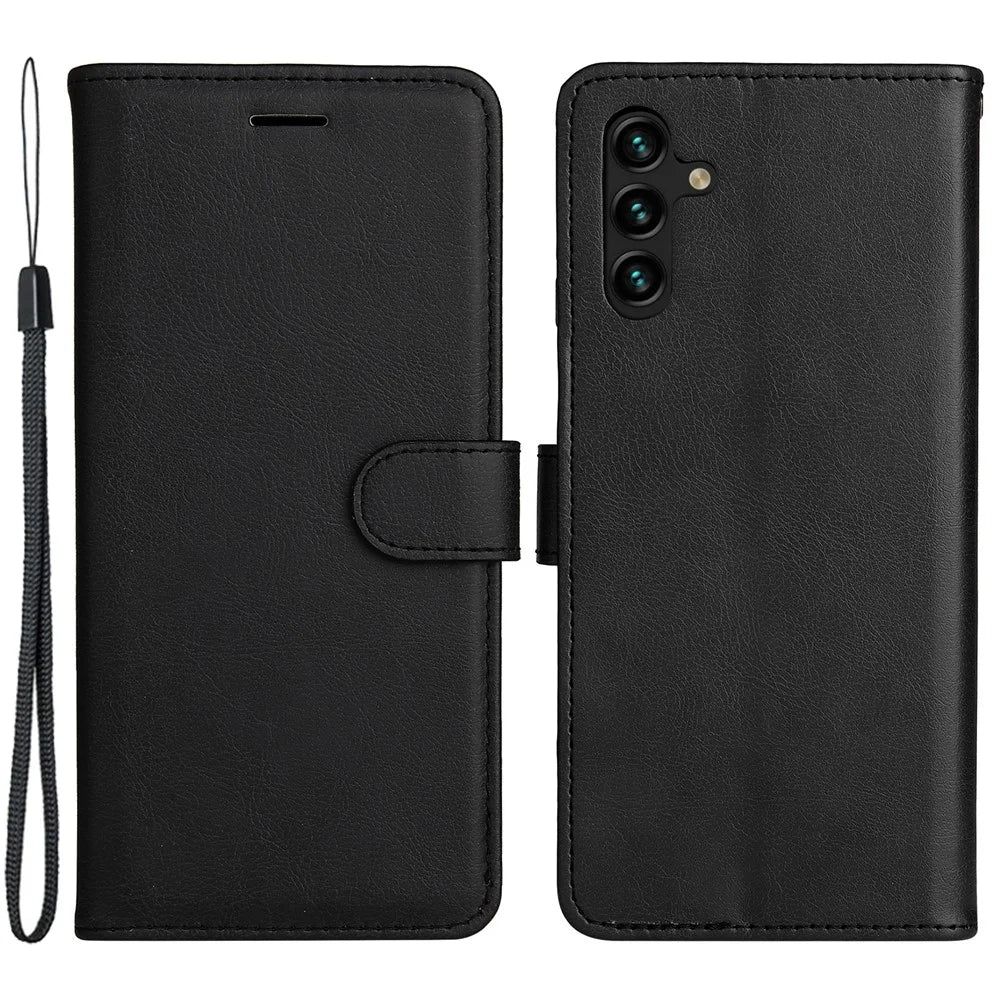 For Samsung Galaxy A34 5G Case Solid Color Leather Mobile Cover Wallet Stand with Strap - Black - 1
