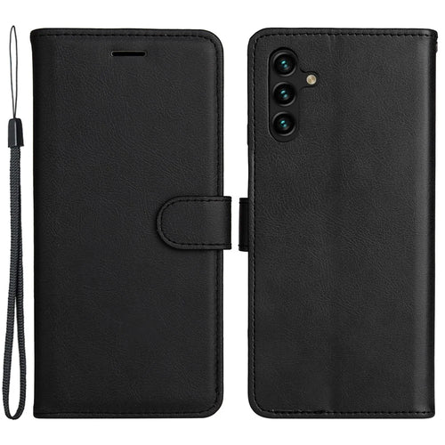 For Samsung Galaxy A34 5G Case Solid Color Leather Mobile Cover Wallet Stand with Strap - Black - 1