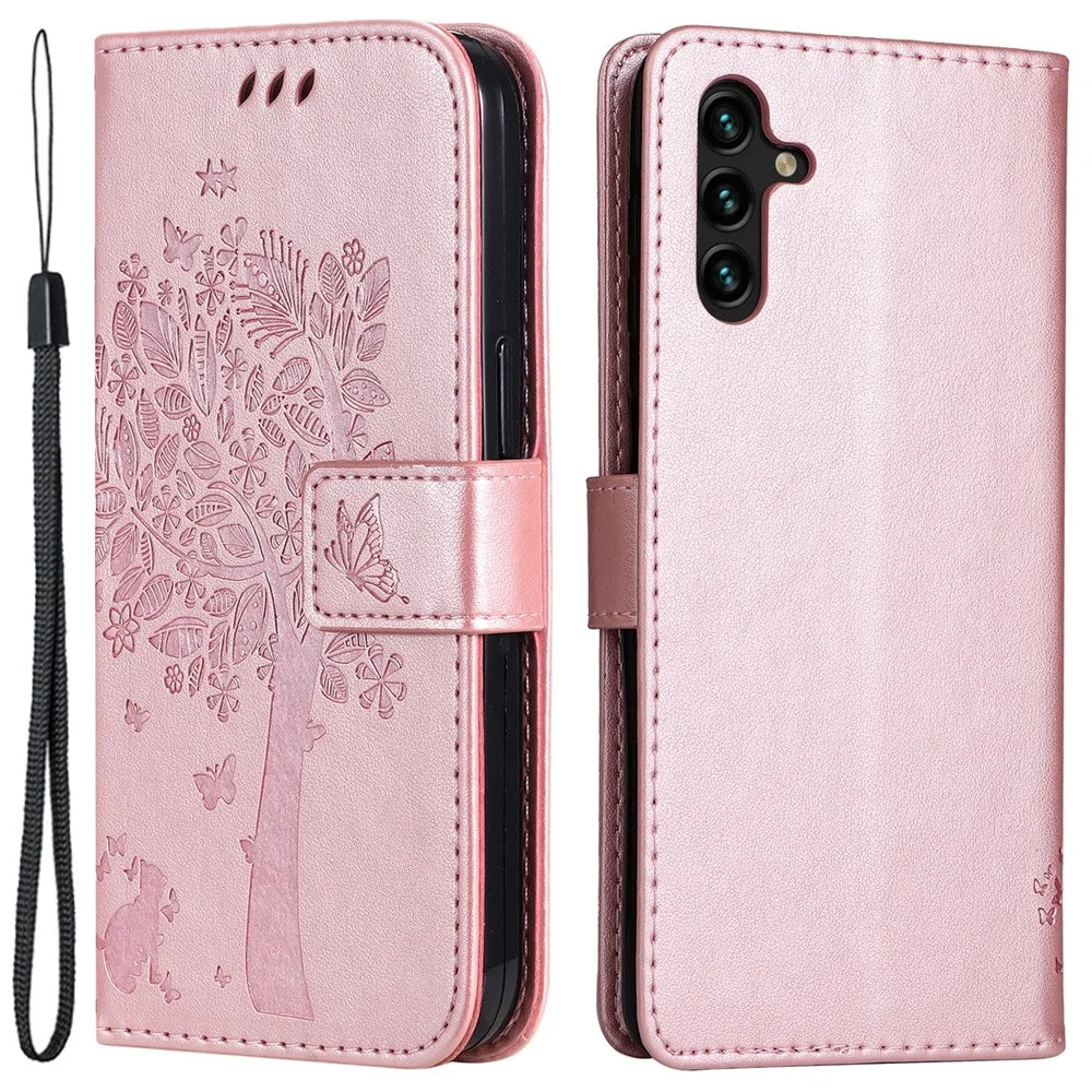 For Samsung Galaxy A34 5G Phone Case with Stand Cat Tree Pattern Leather Wallet Mobile Cover - Rose Gold - 1