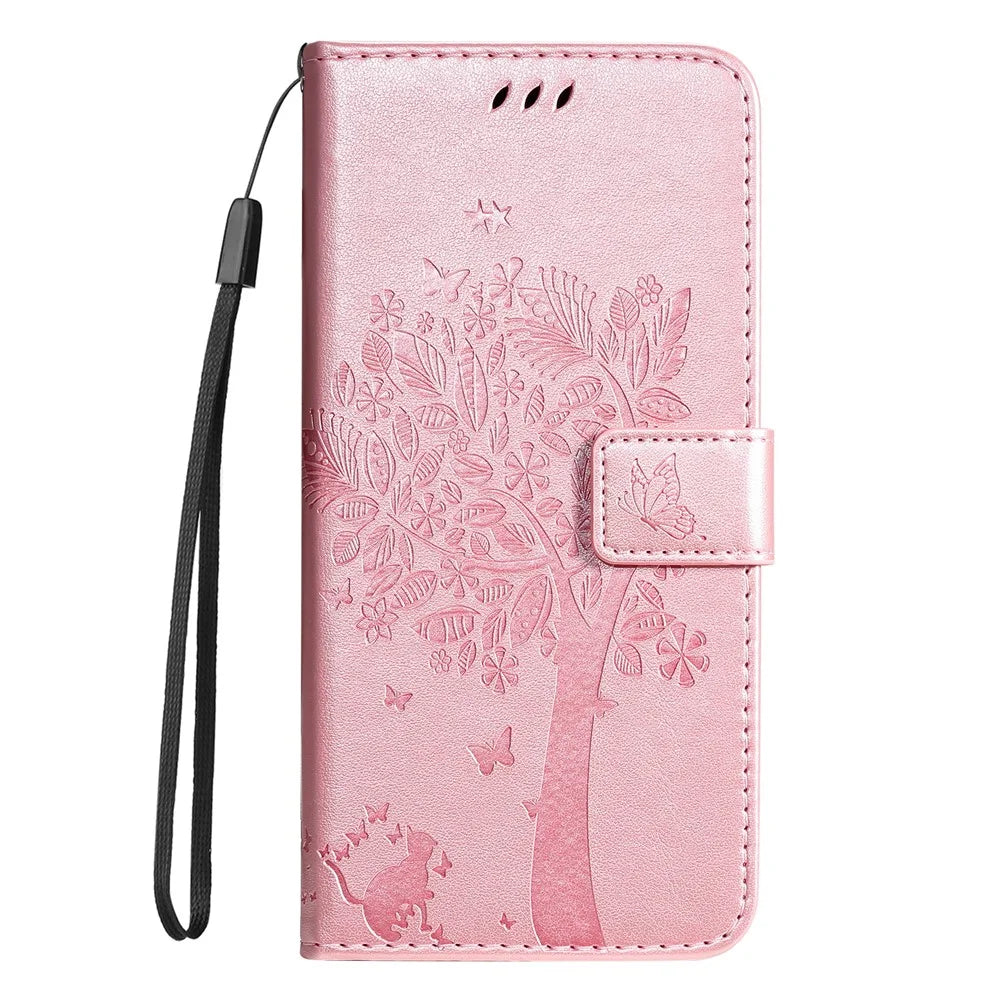 For Samsung Galaxy A34 5G Phone Case with Stand Cat Tree Pattern Leather Wallet Mobile Cover - Rose Gold - 6