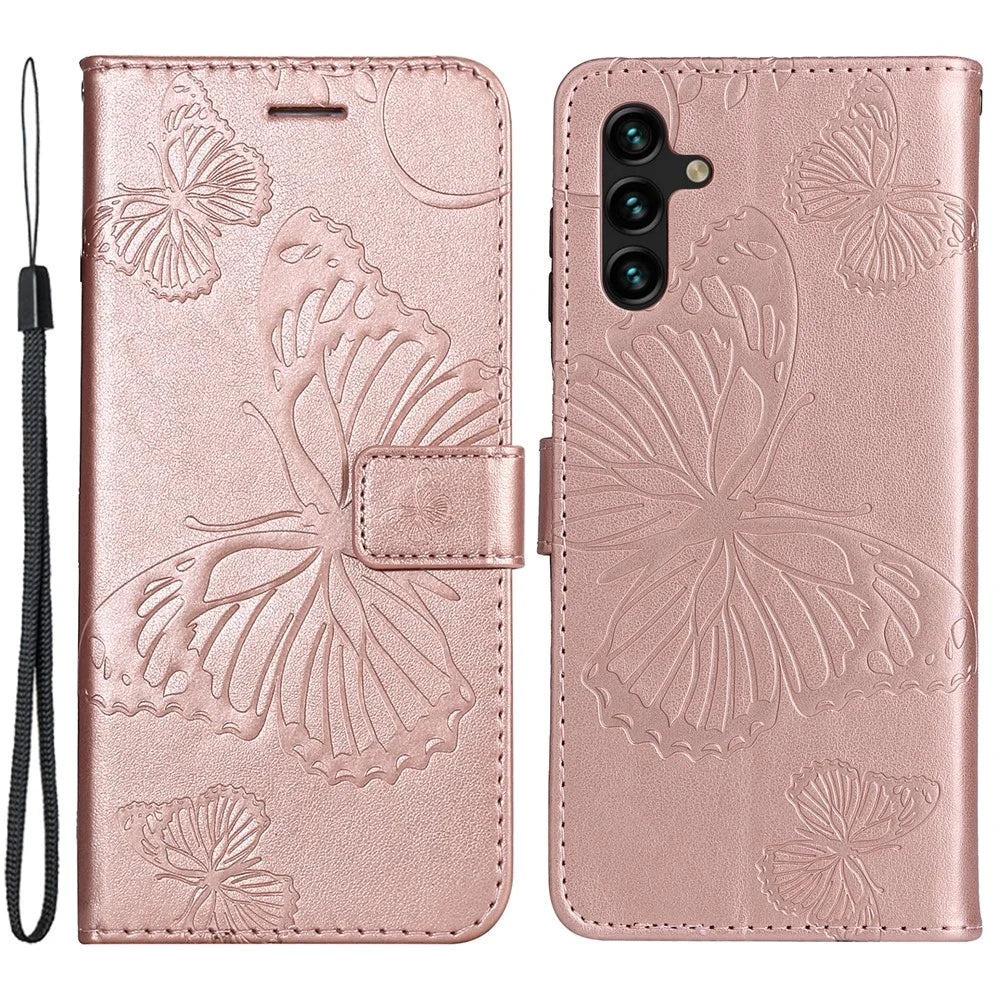 For Samsung Galaxy A34 5G Wallet Case Floral Butterfly Imprinted Leather Phone Cover Stand - Rose Gold - 1