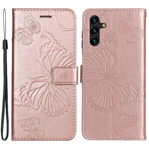 For Samsung Galaxy A34 5G Wallet Case Floral Butterfly Imprinted Leather Phone Cover Stand - Rose Gold - 1