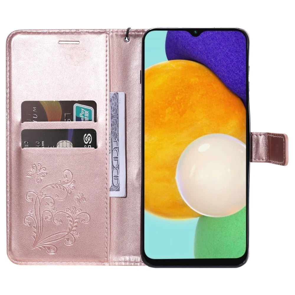 For Samsung Galaxy A34 5G Wallet Case Floral Butterfly Imprinted Leather Phone Cover Stand - Rose Gold - 2